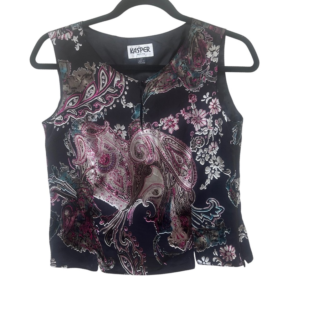 Kasper Petite Silk Blend Paisley Burnout Sleeveless Blouse Black‎ Pink 2P